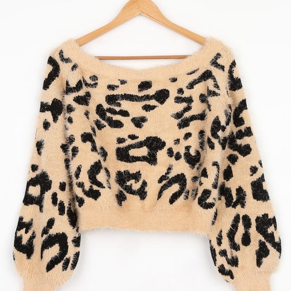 Lulus “Earn Your Spots” Fuzzy Leopard Cheetah Print Off-The-Shoulder sweater - Picture 2 of 11